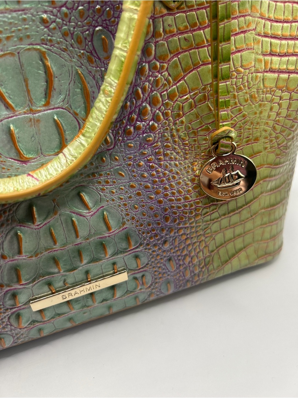 Brahmin Iridescent Green-Purple Croc Embossed Duxbury Satchel - Picture 10 of 14